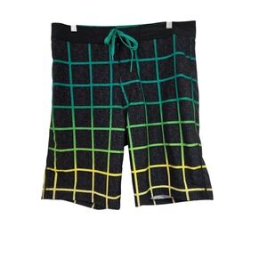 Men's Old Navy Swim Trunks Size 34 Vaporwave Neon Lime Teal Grid Board Shorts